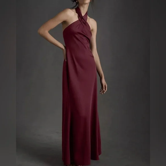 SOLD BHLDN NWT Ruby Twist Halter Satin Gown Plus Size 22 Dark Berry Bridesmaid - Picture 16 of 16